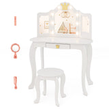 Kids Vanity Set with Tri-fold Lighted Mirror Detachable Top and Stool
