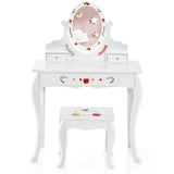 Kids Vanity and Stool Set with 360° Rotatable Mirror and Whiteboard-White