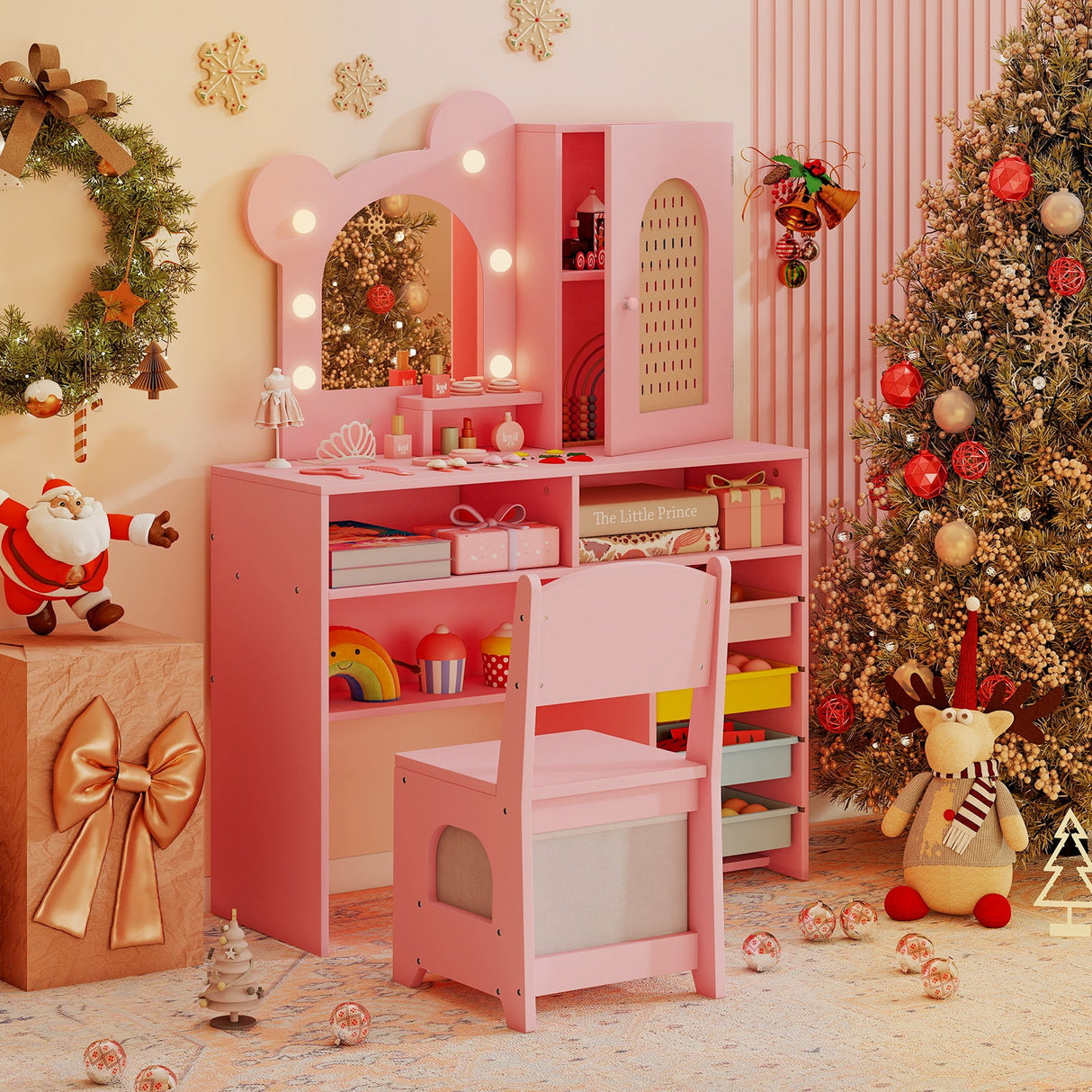 Kids Vanity with Lights and 5 Drawers for Kids Aged 3+ Years Old