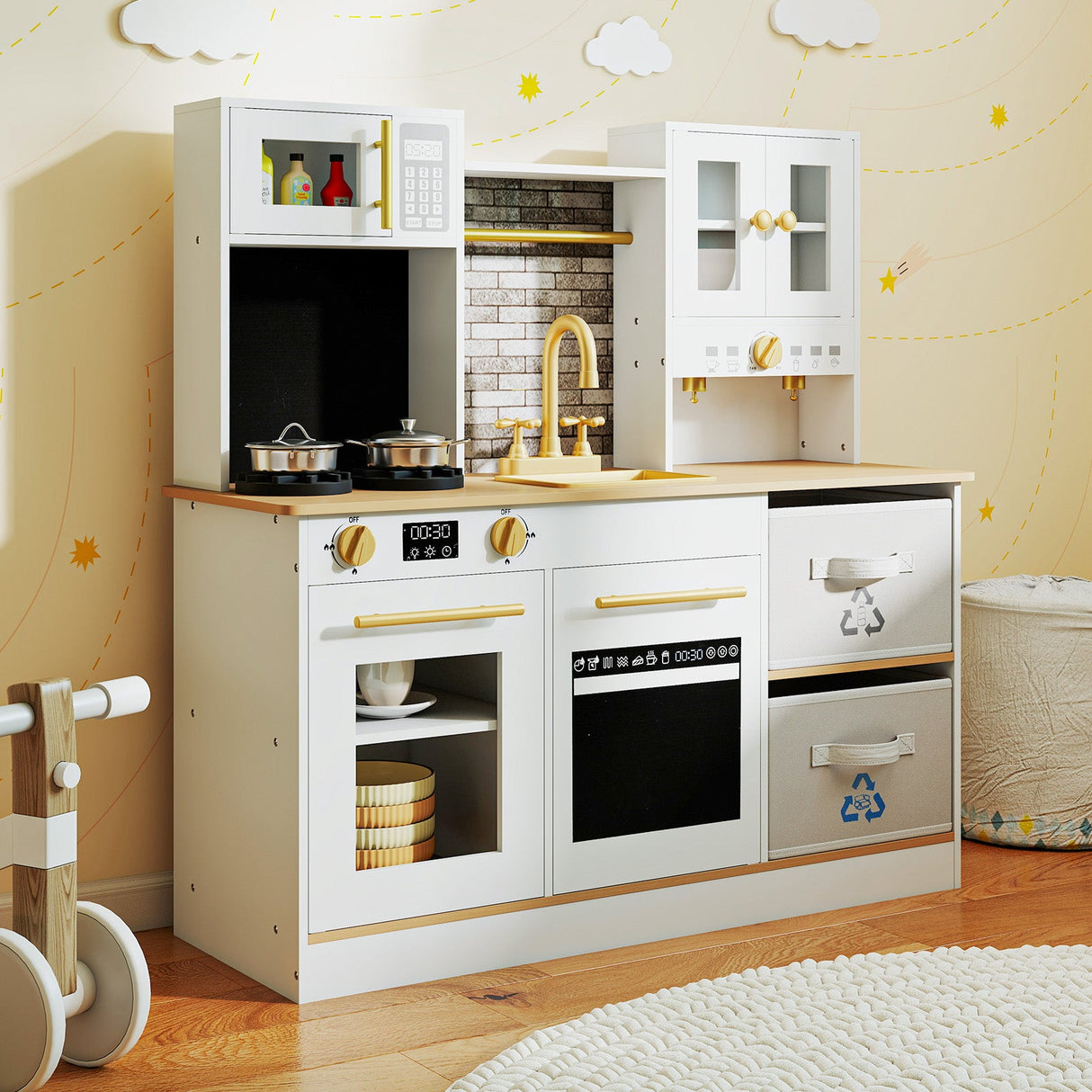 Cocina de juguete de madera para niños con luces y sonidos, para mayores de 3 años - Blanca