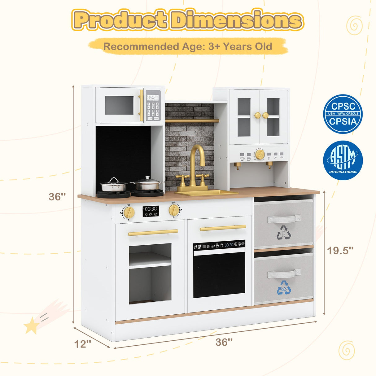 Cocina de juguete de madera para niños con luces y sonidos, para mayores de 3 años - Blanca