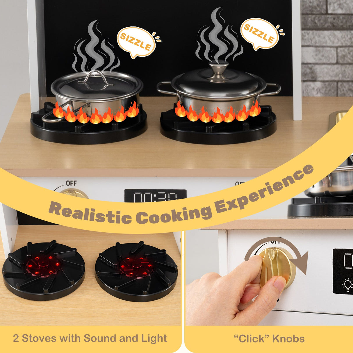 Cocina de juguete de madera para niños con luces y sonidos, para mayores de 3 años - Blanca