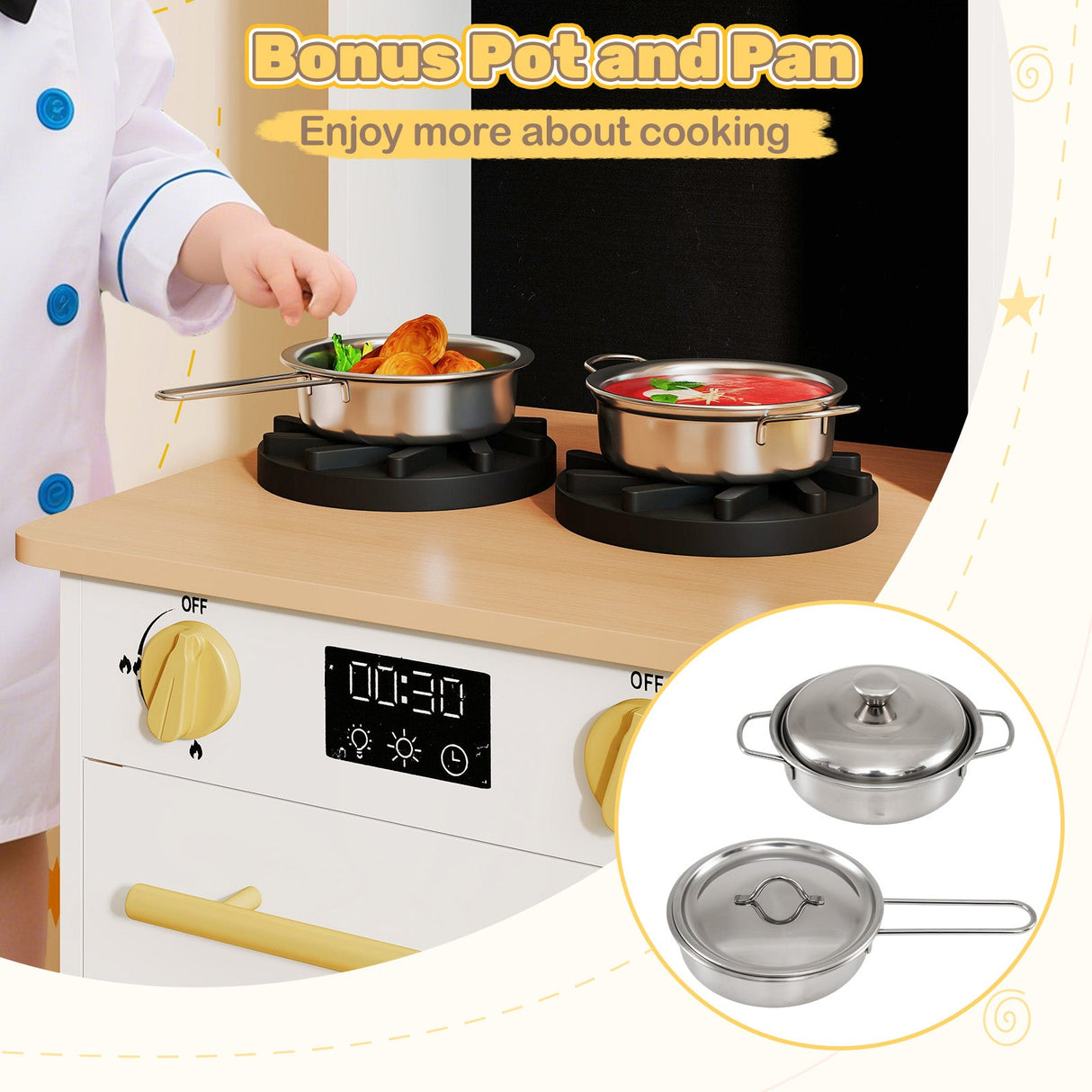 Cocina de juguete de madera para niños con luces y sonidos, para mayores de 3 años - Blanca