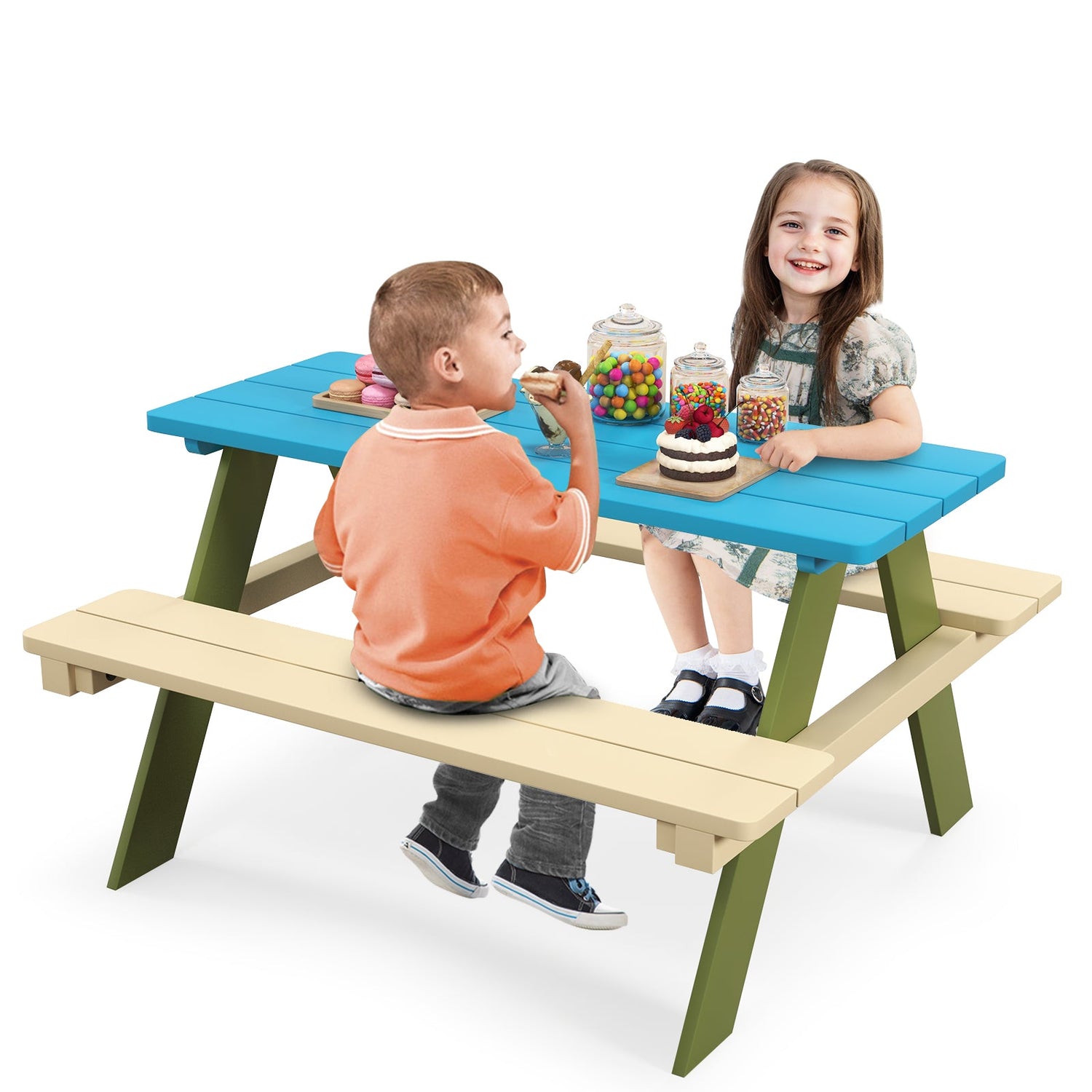 Juego de mesa de picnic de madera para niños, mesa de comedor y actividades para niños pequeños con bancos incorporados