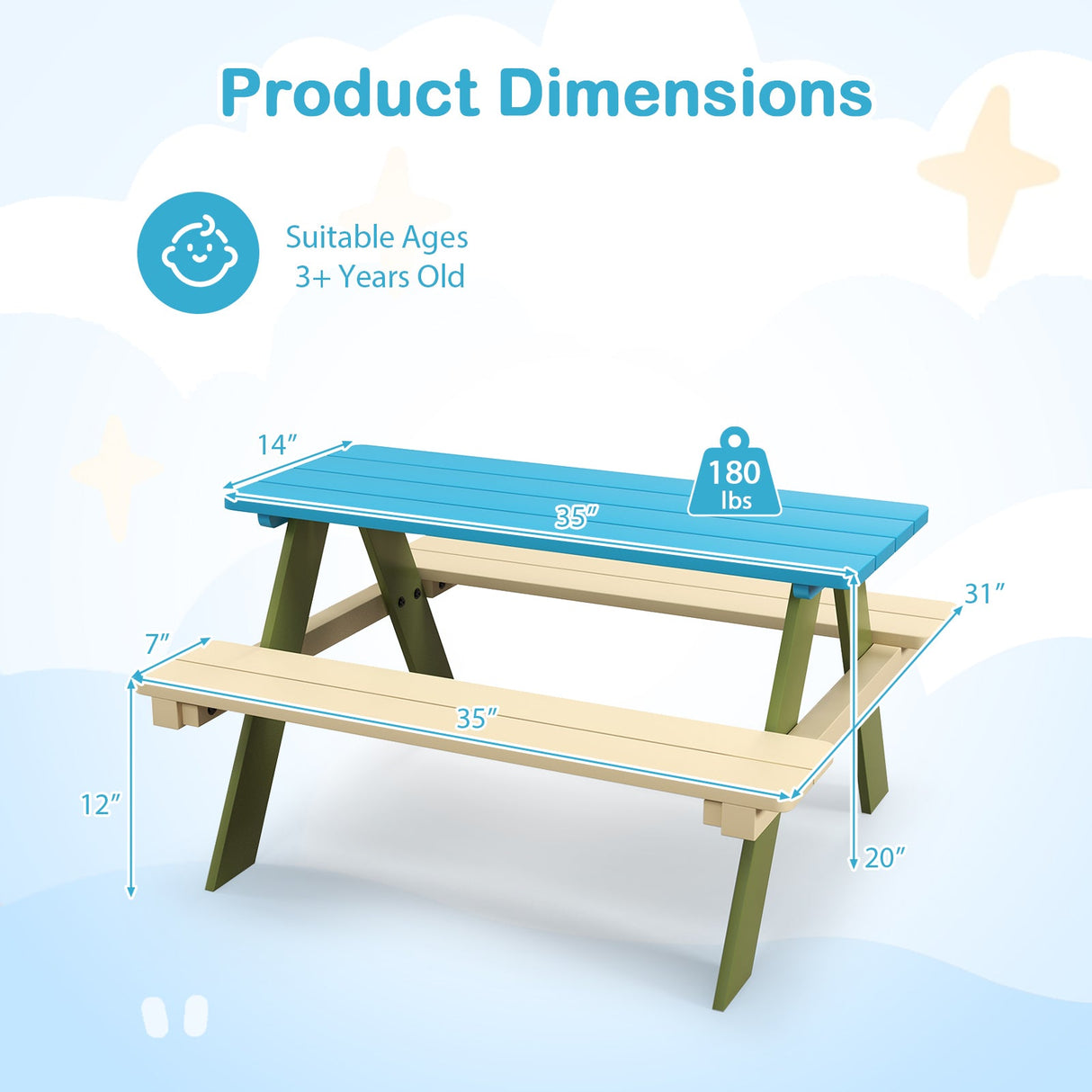 Juego de mesa de picnic de madera para niños, mesa de comedor y actividades para niños pequeños con bancos incorporados