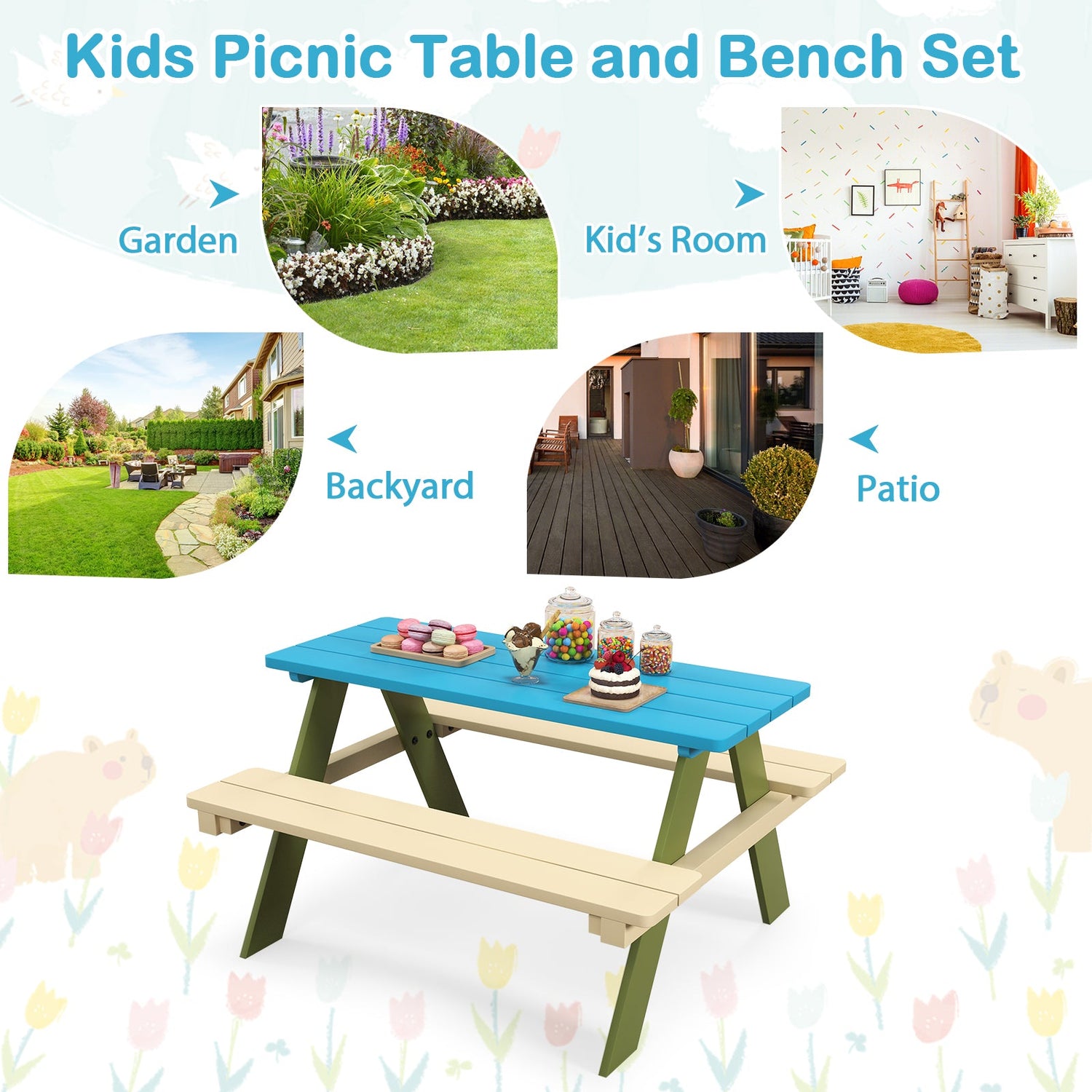 Juego de mesa de picnic de madera para niños, mesa de comedor y actividades para niños pequeños con bancos incorporados