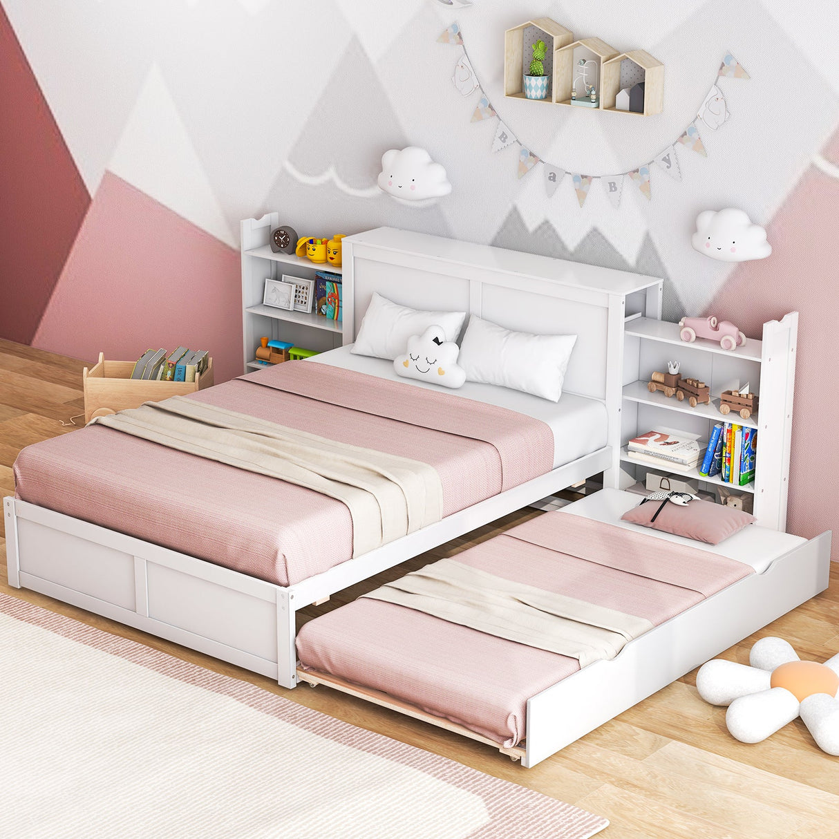 Cama de plataforma de madera Twin/Full para niños con cama nido y cabecero con almacenamiento