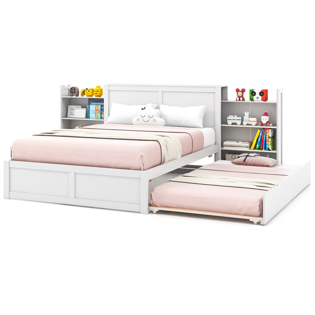 Cama de plataforma de madera Twin/Full para niños con cama nido y cabecero con almacenamiento
