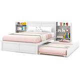 Cama de plataforma de madera Twin/Full para niños con cama nido y cabecero con almacenamiento