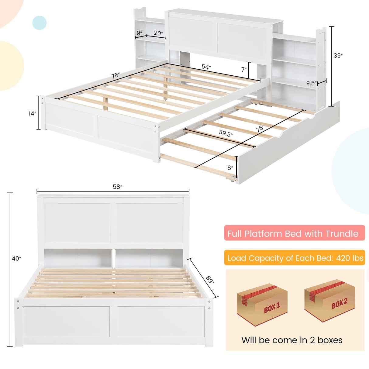 Cama de plataforma de madera Twin/Full para niños con cama nido y cabecero con almacenamiento