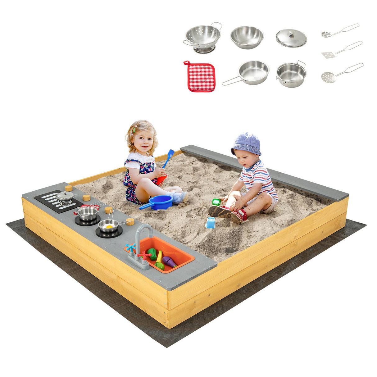Cajón de Arena de Madera para Niños con Accesorios de Cocina para Edades de 3 a 8 Años