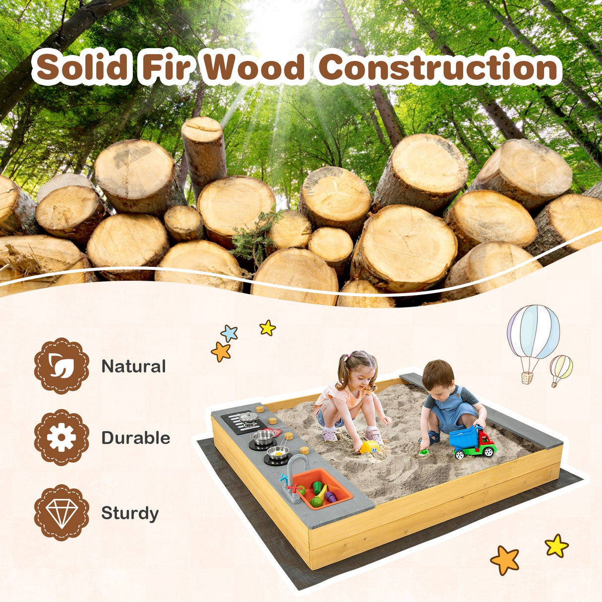 Cajón de Arena de Madera para Niños con Accesorios de Cocina para Edades de 3 a 8 Años