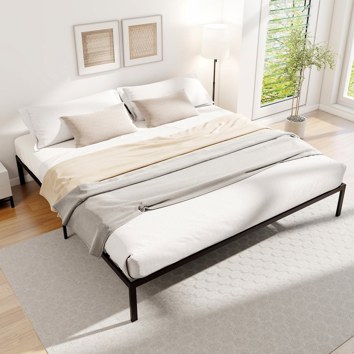 Estructura de cama metálica de tamaño individual/matrimonial/king, con listones de soporte resistentes y base de colchón