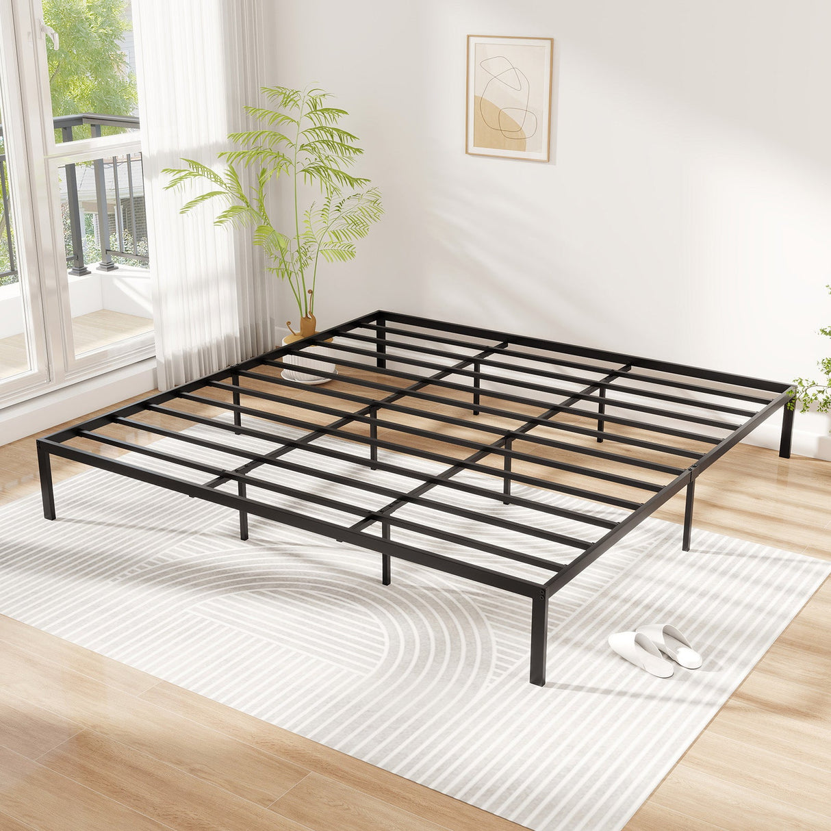 Estructura de cama metálica de tamaño individual/matrimonial/king, con listones de soporte resistentes y base de colchón