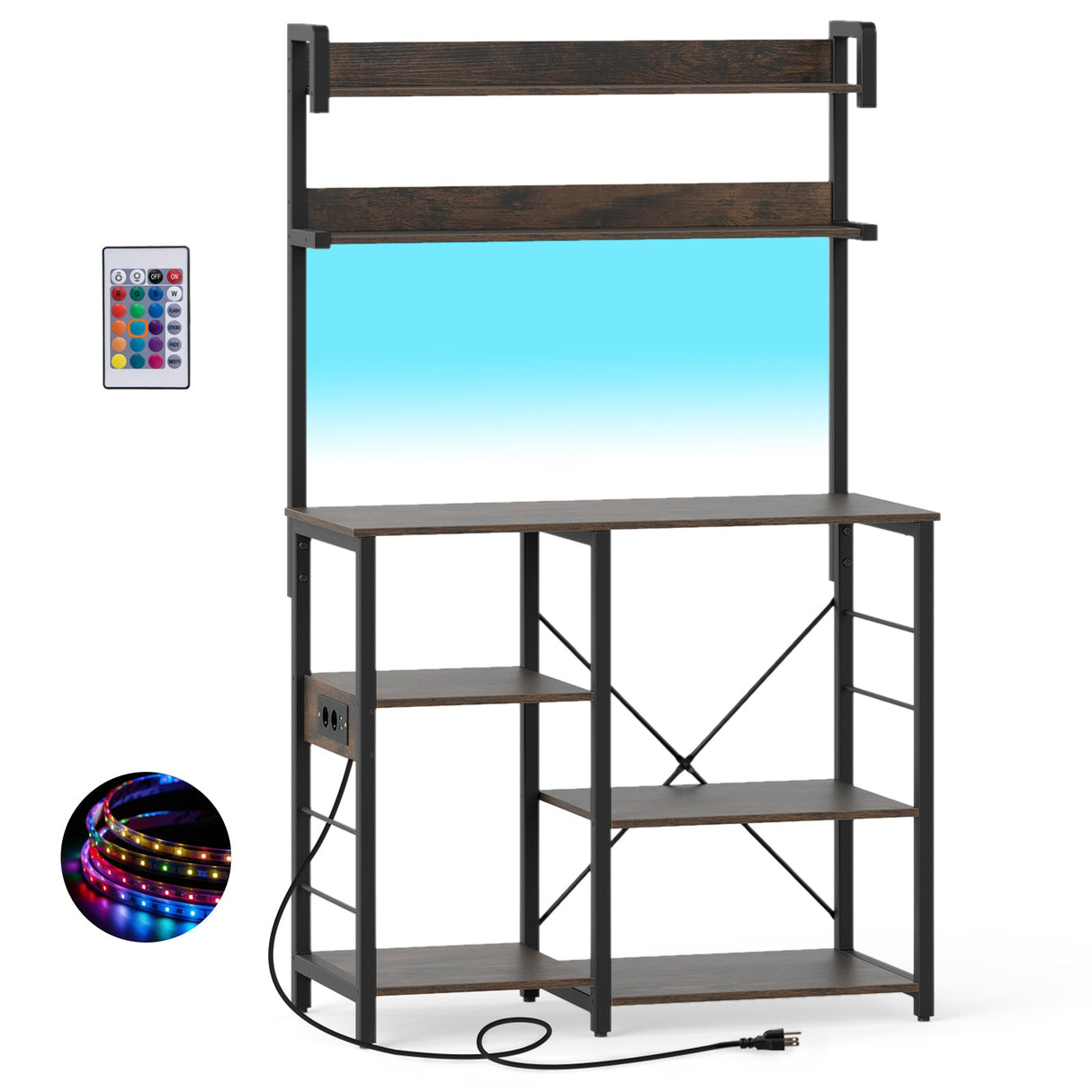 Estante para Panadero de Cocina con Tomacorriente, Estantería de 5 Niveles para Horno Microondas con Luces LED