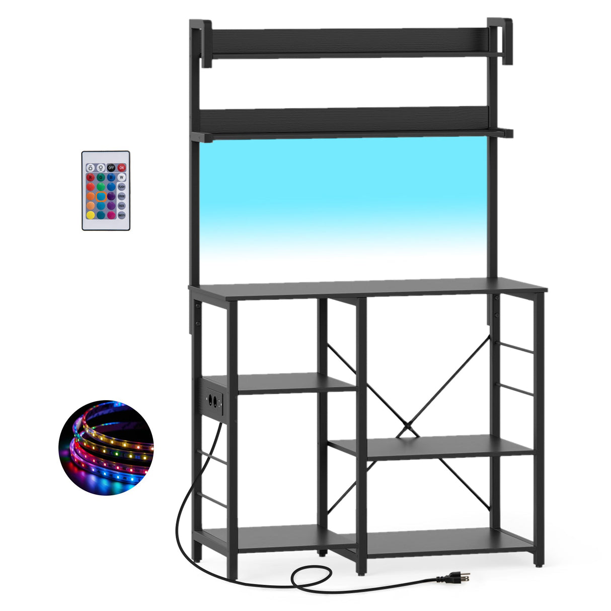 Estante para Panadero de Cocina con Tomacorriente, Estantería de 5 Niveles para Horno Microondas con Luces LED