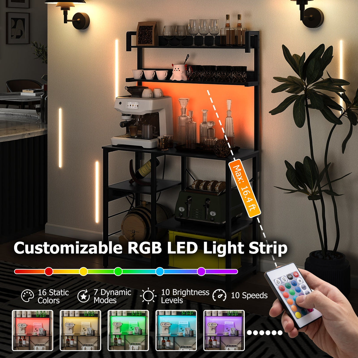 Estante para Panadero de Cocina con Tomacorriente, Estantería de 5 Niveles para Horno Microondas con Luces LED