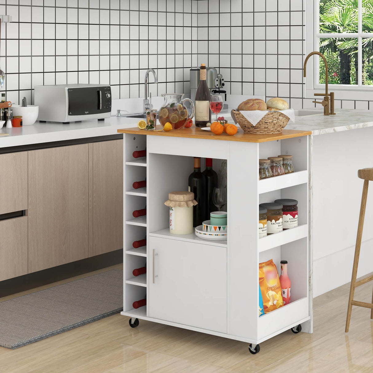 Carrito de cocina con ruedas, superficie de bambú y botellero para 6 botellas - Blanco