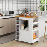 Carrito de cocina con ruedas, superficie de bambú y botellero para 6 botellas - Blanco