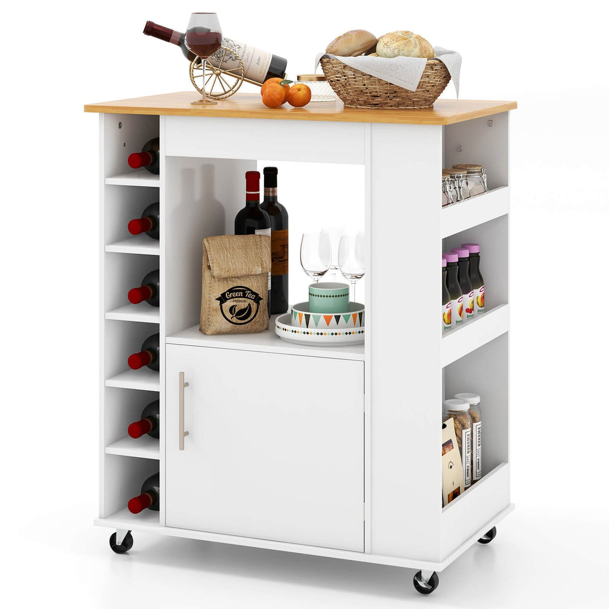 Carrito de cocina con ruedas, superficie de bambú y botellero para 6 botellas - Blanco