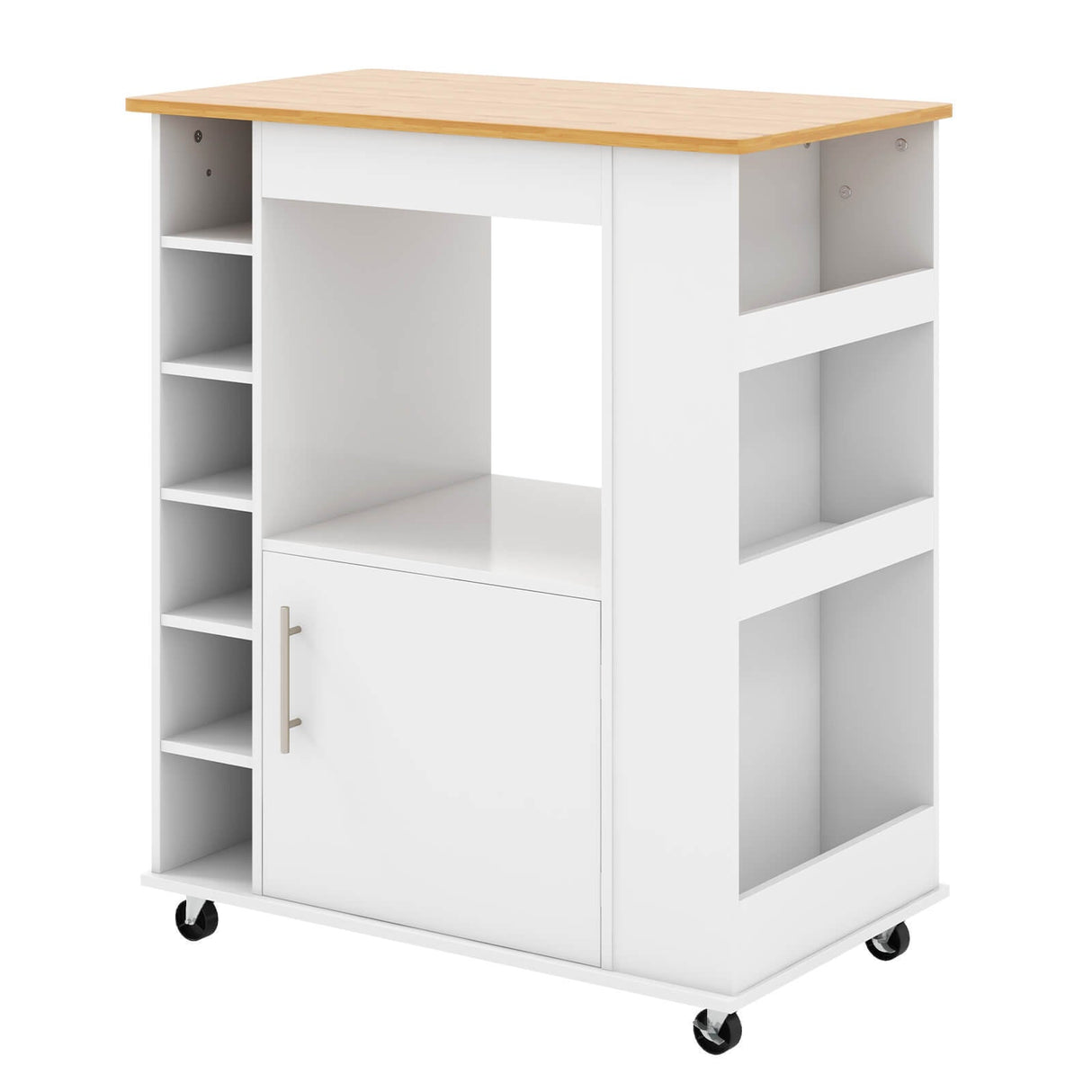 Carrito de cocina con ruedas, superficie de bambú y botellero para 6 botellas - Blanco