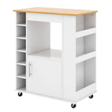 Carrito de cocina con ruedas, superficie de bambú y botellero para 6 botellas - Blanco