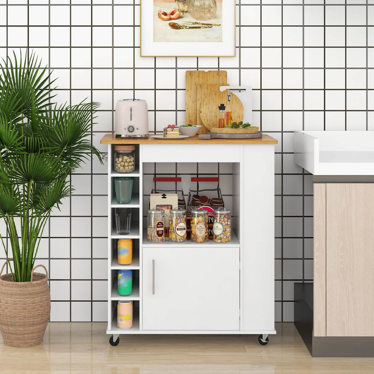 Carrito de cocina con ruedas, superficie de bambú y botellero para 6 botellas - Blanco