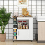 Carrito de cocina con ruedas, superficie de bambú y botellero para 6 botellas - Blanco