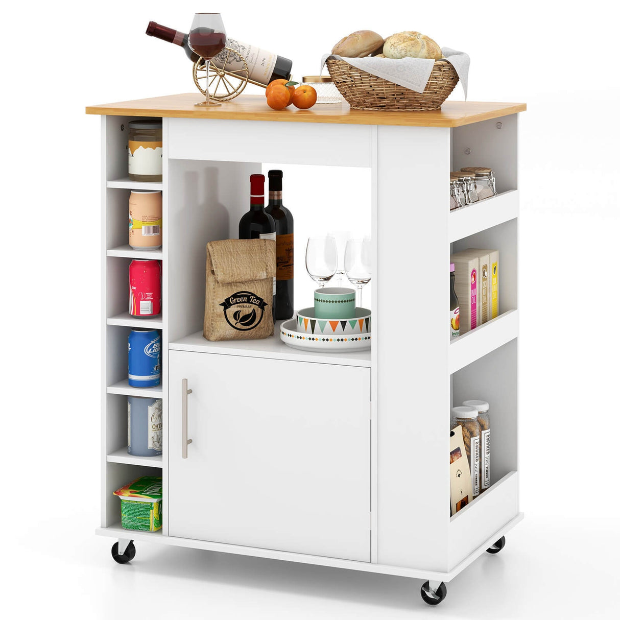 Carrito de cocina con ruedas, superficie de bambú y botellero para 6 botellas - Blanco