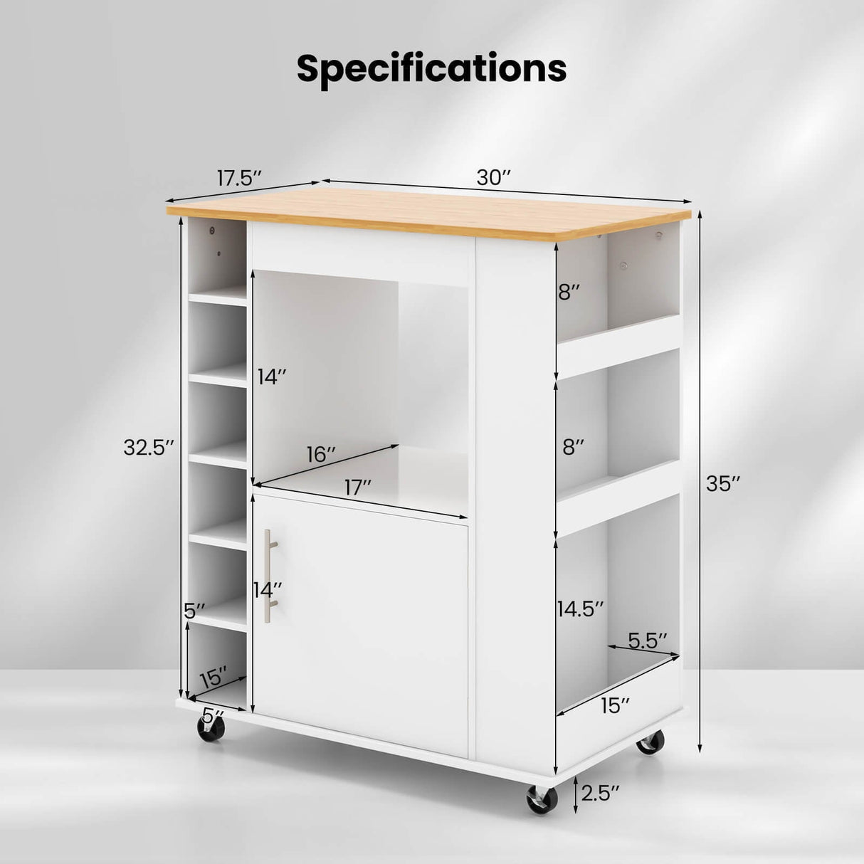 Carrito de cocina con ruedas, superficie de bambú y botellero para 6 botellas - Blanco