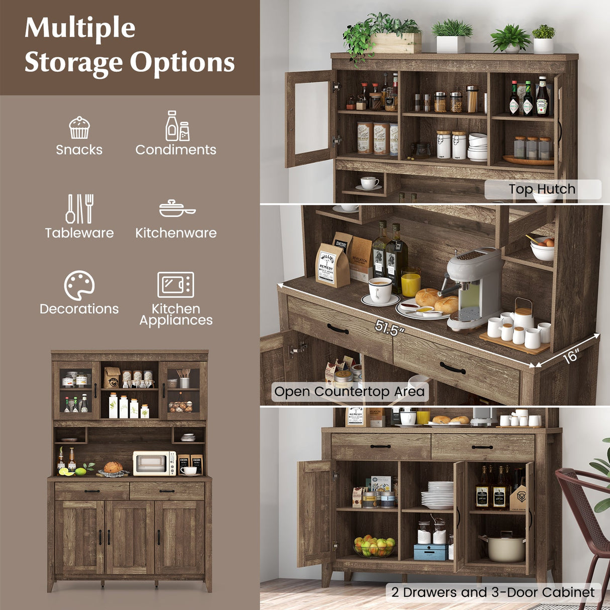 Mueble de cocina independiente con microondas y encimera - Marrón