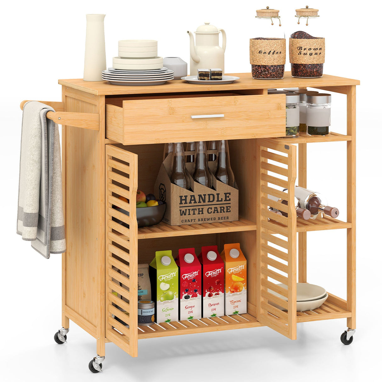 Carro de isla de cocina con ruedas y estructura robusta de bambú - Natural