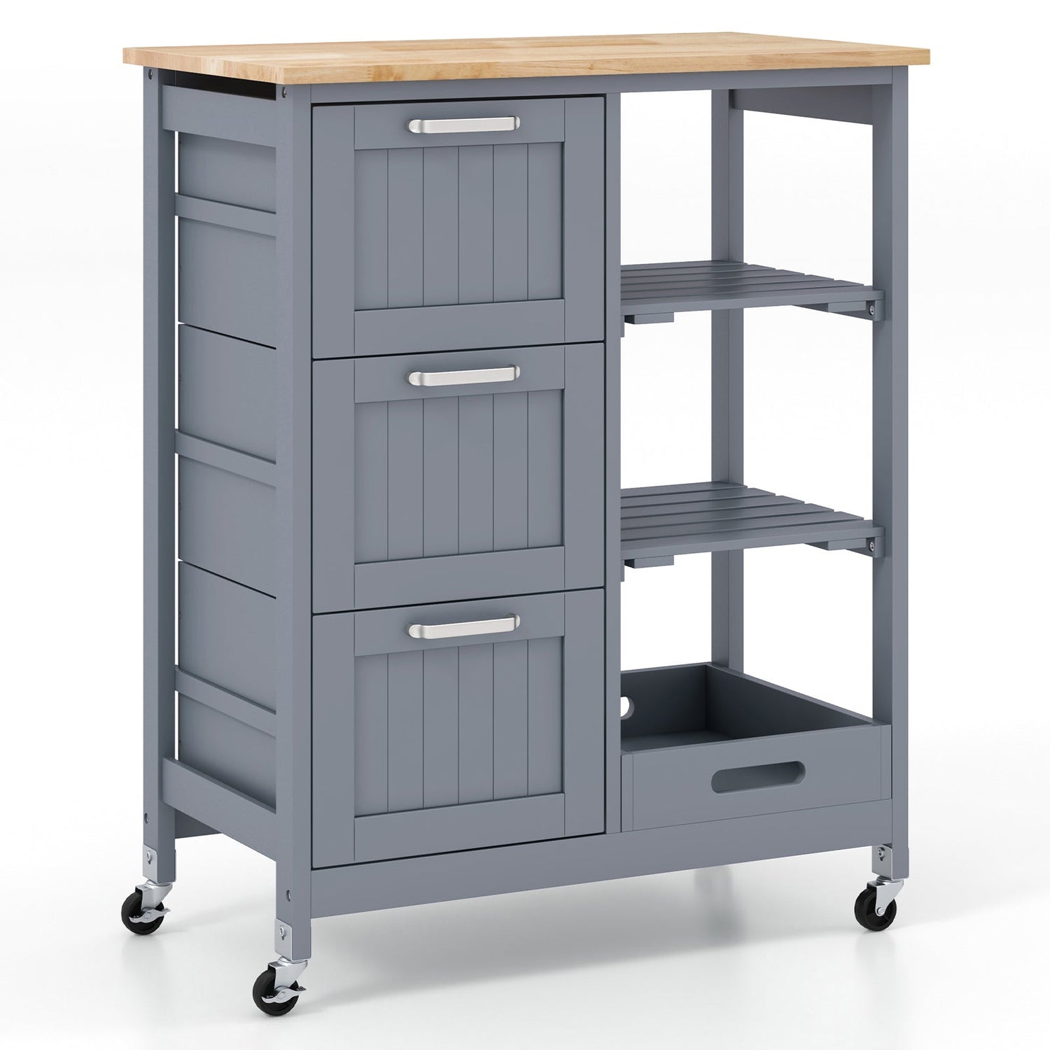 Kitchen Island Cart on Wheels with Rubber Wood Top and 3 Drawersand Removable Tray