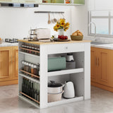 Isla de cocina moderna con encimera de madera de caucho y almacenaje - Blanca