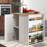 Isla de cocina moderna con encimera de madera de caucho y almacenaje - Blanca