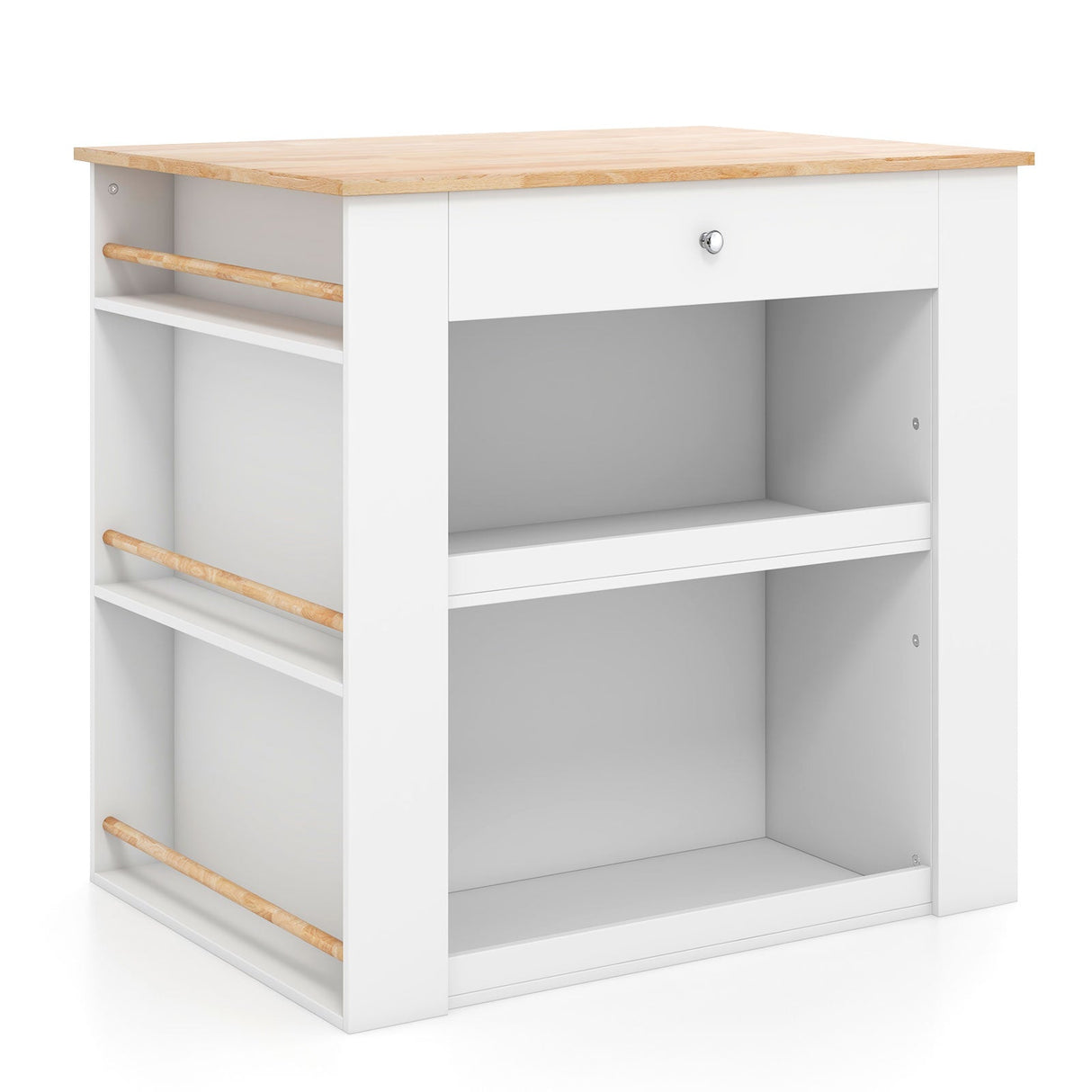 Isla de cocina moderna con encimera de madera de caucho y almacenaje - Blanca