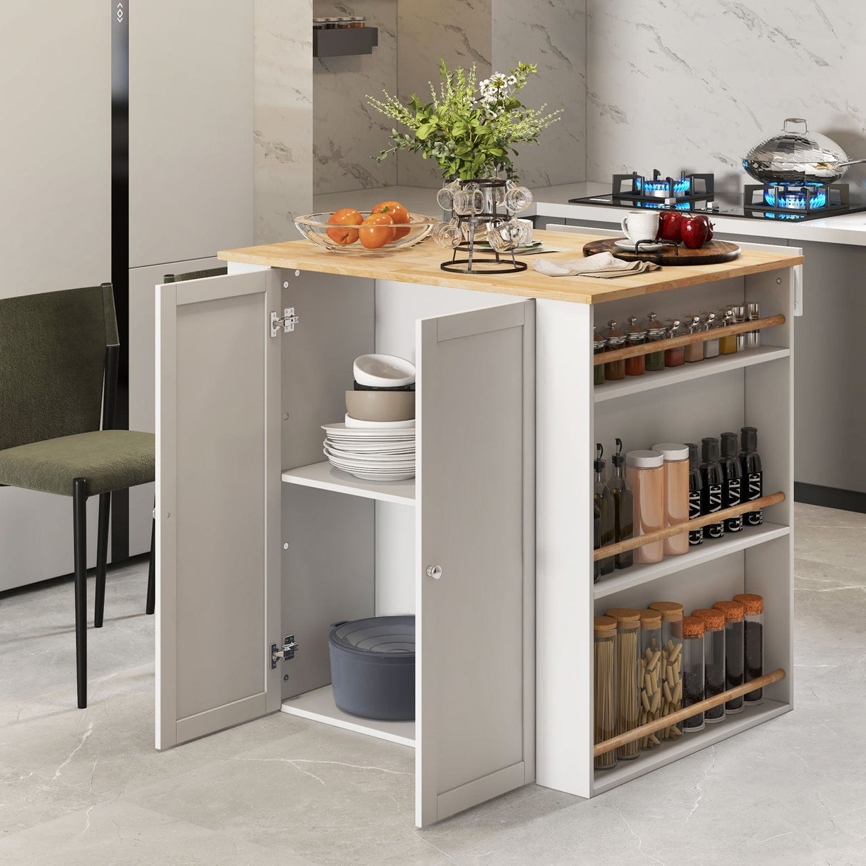 Isla de cocina moderna con encimera de madera de caucho y almacenaje - Blanca