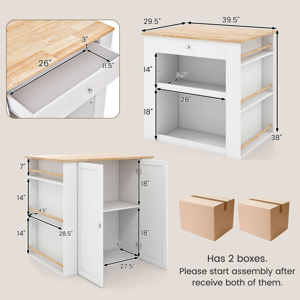 Isla de cocina moderna con encimera de madera de caucho y almacenaje - Blanca