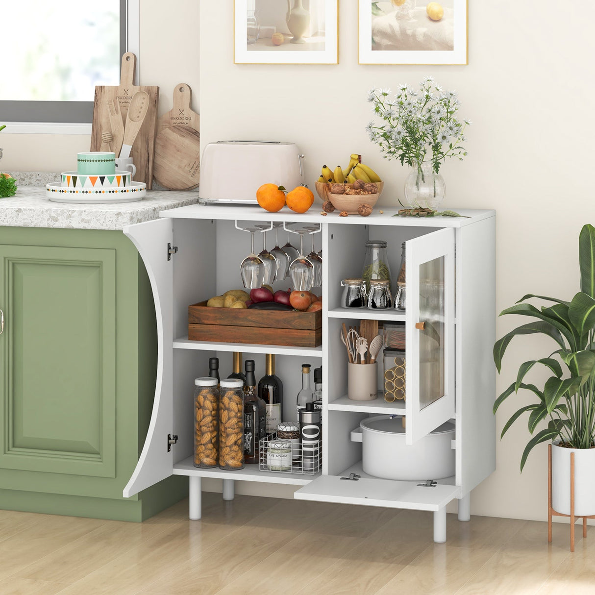 Aparador de cocina con soporte para copas para sala de estar y comedor - Blanco