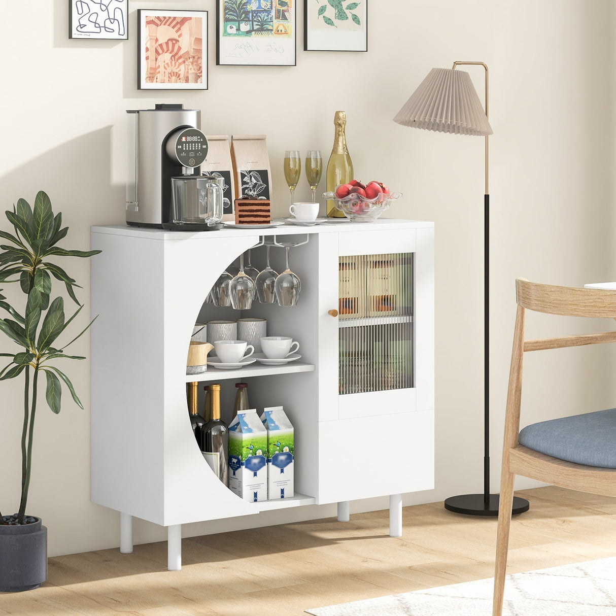 Aparador de cocina con soporte para copas para sala de estar y comedor - Blanco