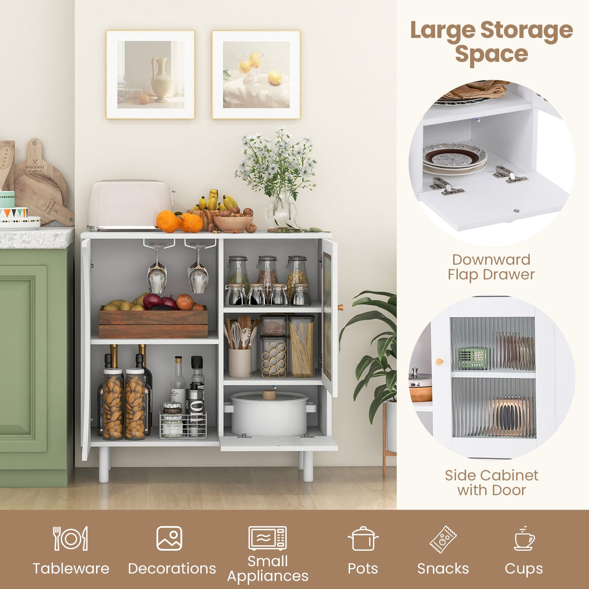 Aparador de cocina con soporte para copas para sala de estar y comedor - Blanco