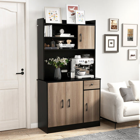 Buffet de cocina independiente de 4 puertas con vitrina y estantes ajustables