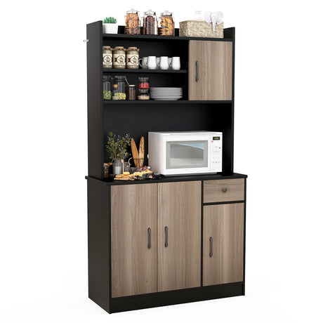 Buffet de cocina independiente de 4 puertas con vitrina y estantes ajustables