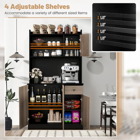 Buffet de cocina independiente de 4 puertas con vitrina y estantes ajustables