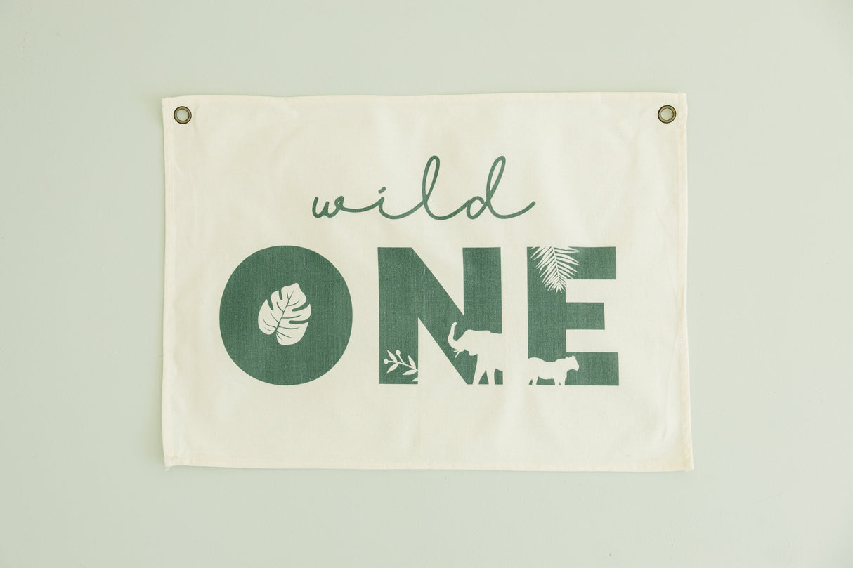 Banner de lona para primer cumpleaños "Wild One" - Temática de la selva