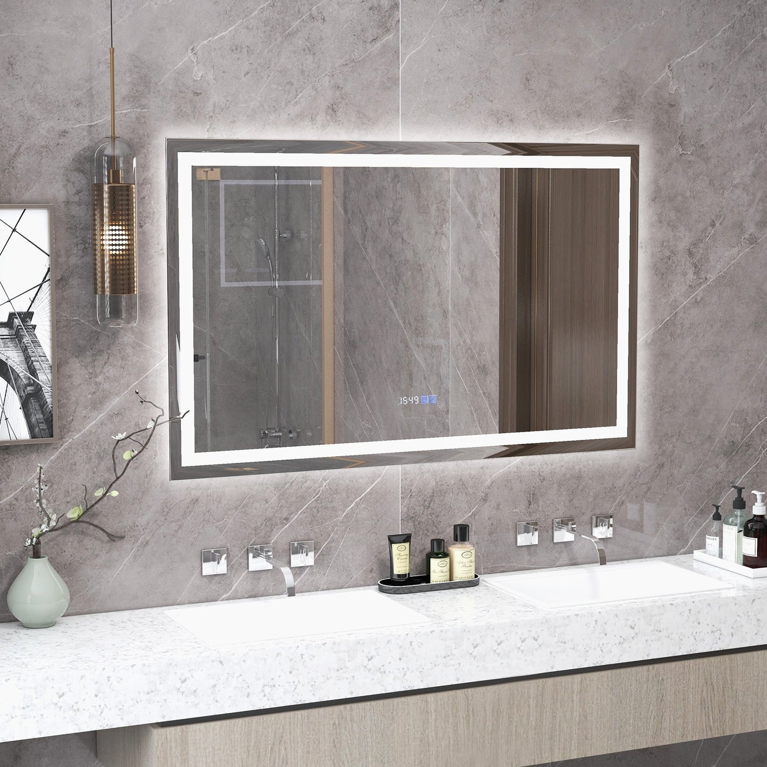Espejo de baño LED rectangular montado en la pared con luces regulables de 3 colores