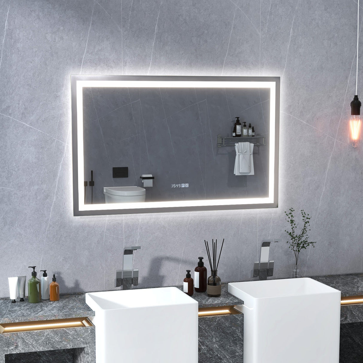 Espejo de baño LED rectangular montado en la pared con luces regulables de 3 colores