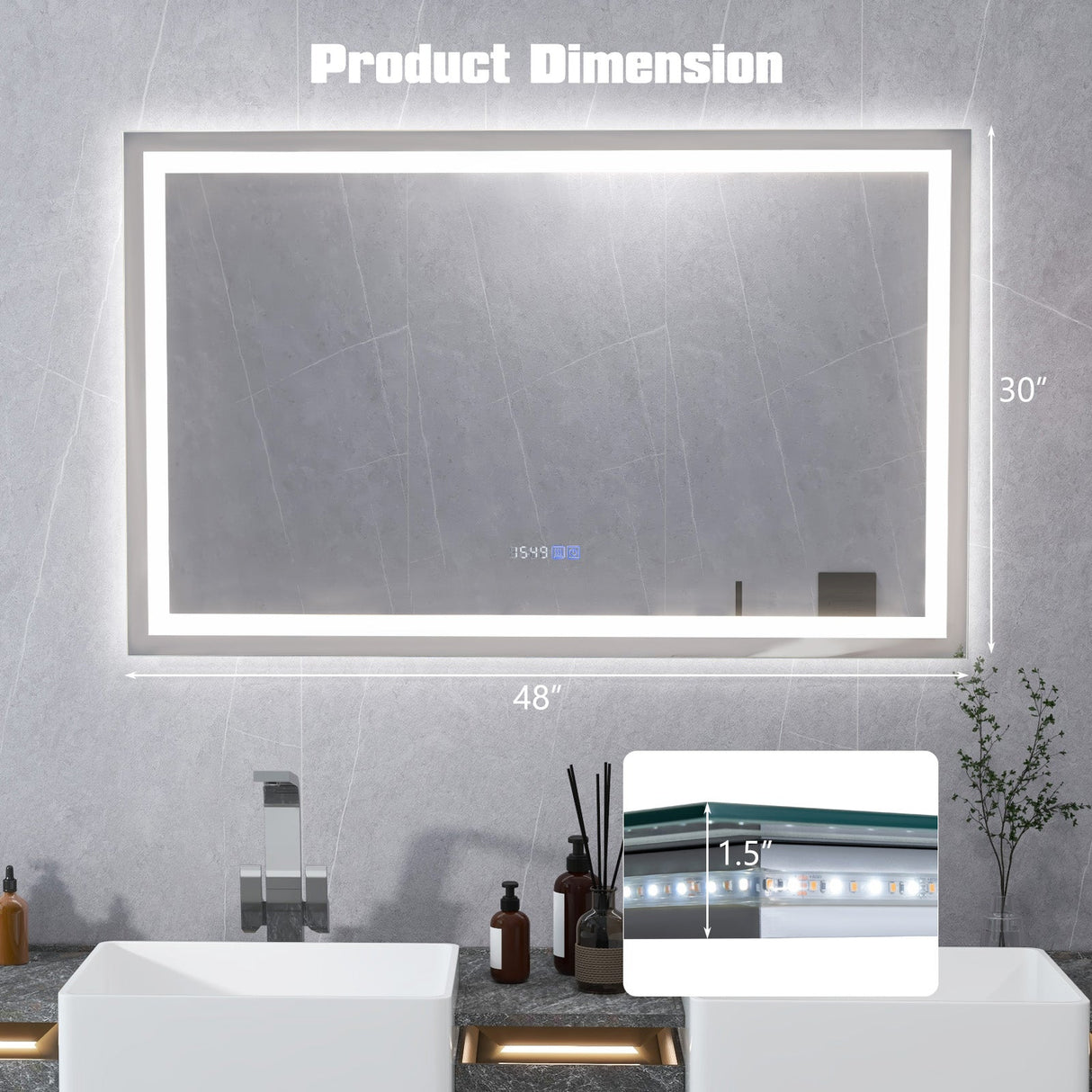 Espejo de baño LED rectangular montado en la pared con luces regulables de 3 colores