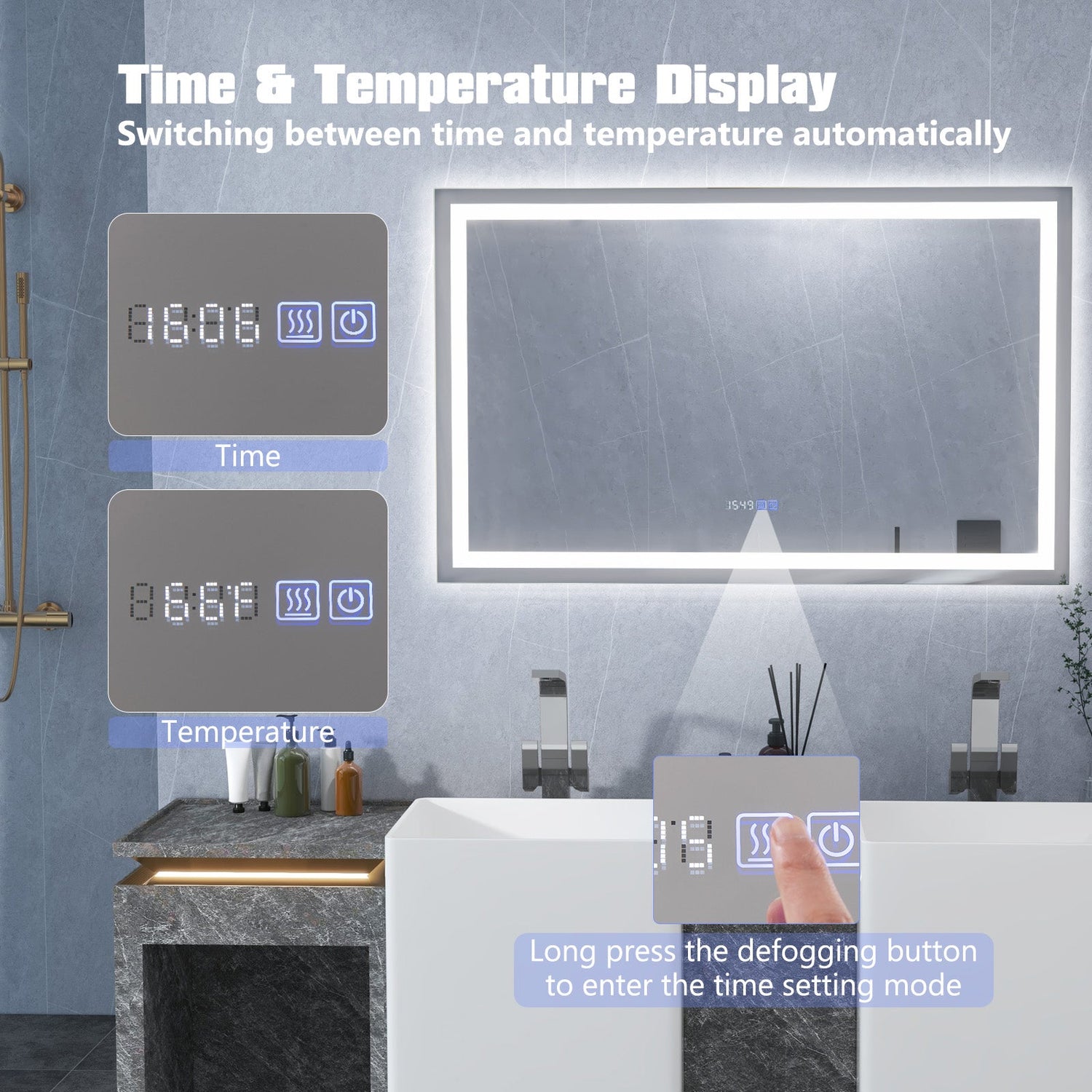 Espejo de baño LED rectangular montado en la pared con luces regulables de 3 colores