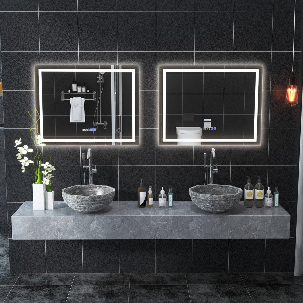 Espejo de baño LED rectangular montado en la pared con luces regulables de 3 colores